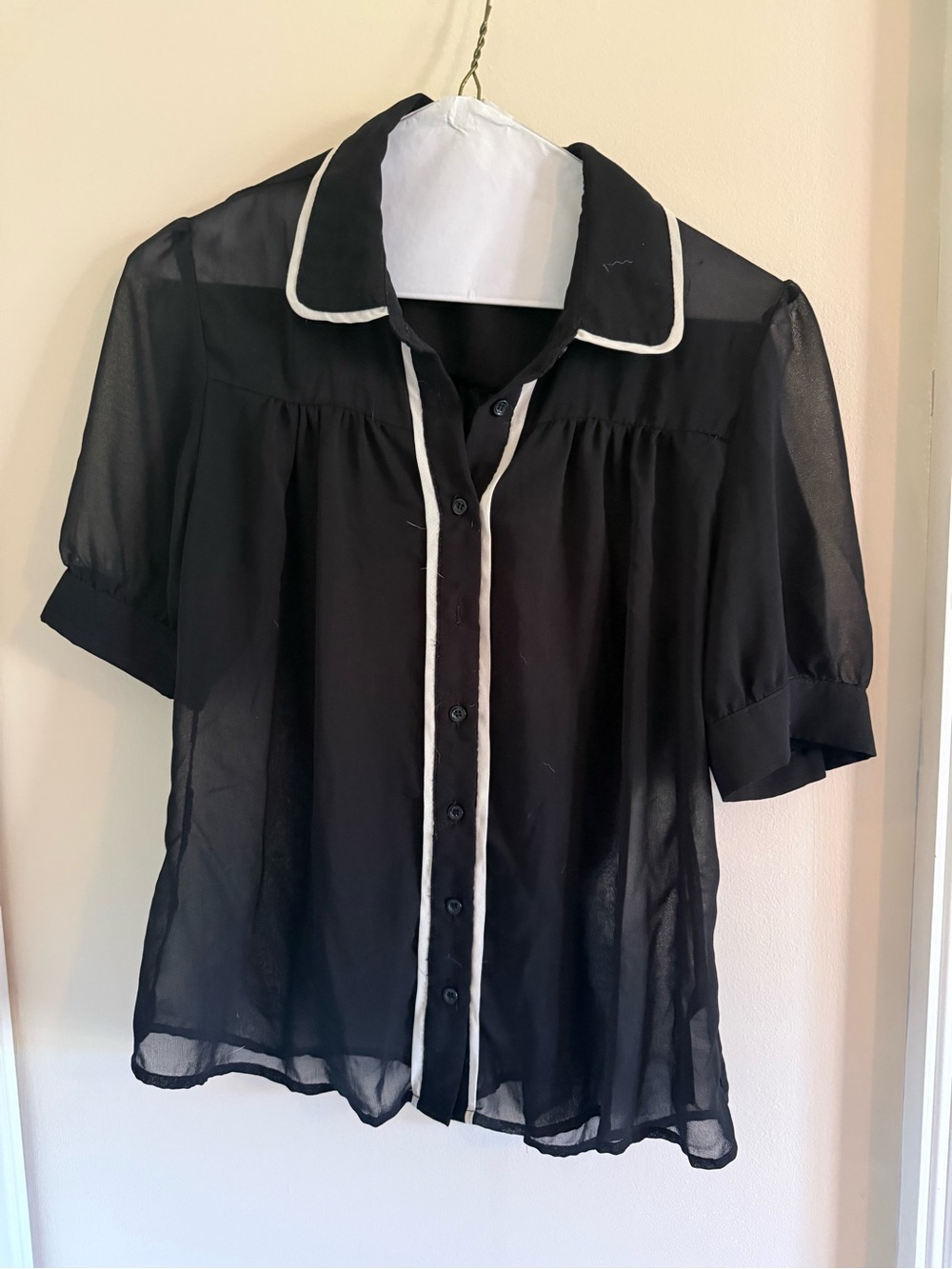 Forever 21 Black Sheer Button-Down Top with White Piping
